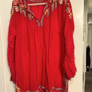 Johhny Was XL red rayon embroidered tunic
